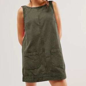 Y2K Corduroy Overall Dress Open Back Cute Pockets M Dark Green NEW